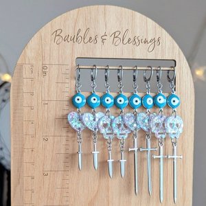 Evil Eye Earrings with Pastel Confetti Hearts & Swords