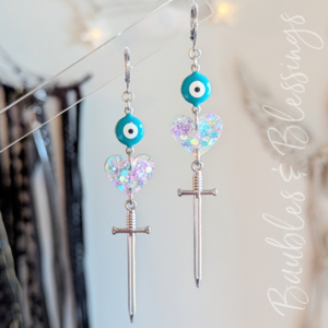 Evil Eye Earrings with Pastel Confetti Hearts & Swords