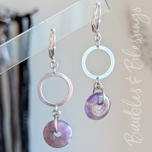 Sterling Silver Hoop Earrings with Amethyst Donuts