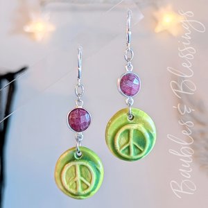 Cheerful Peace Sign Earrings with Ruby & Sterling Silver