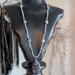 Long Larvikite Necklace with Teardrop Pendant