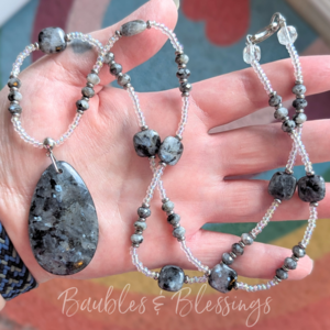 Long Larvikite Necklace with Teardrop Pendant