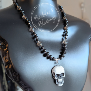 Skull Necklace with Onyx & Smoky Quartz Coins 