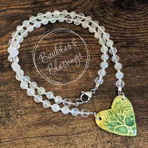 Prehnite Necklace with Handmade Heart-Shaped Tree Focal