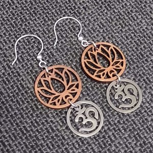 Wooden Lotus & Stainless Steel Om Earrings