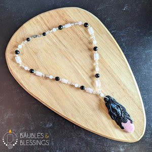 OOAK Goddess Necklace with Onyx, Rose Quartz & Pink Shell