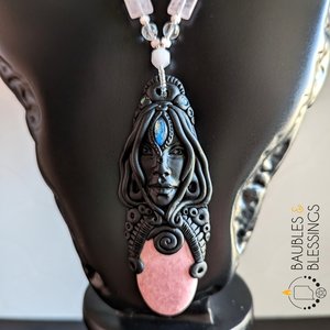 OOAK Goddess Necklace with Onyx, Rose Quartz & Pink Shell