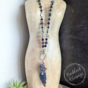 OOAK Bee Necklace with Black Kyanite, Amethyst, Apatite & Pāua