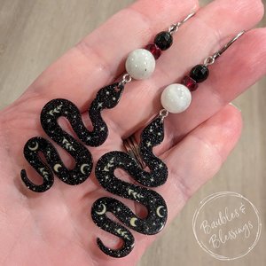 Snake Earrings with Moonstone & Onyx