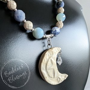 Owl & Crescent Moon Necklace with Agate & Sodalite