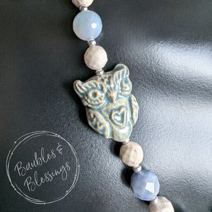 Owl & Crescent Moon Necklace with Agate & Sodalite