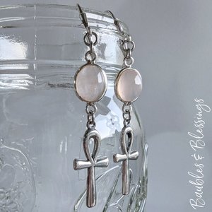 Rose Quartz & Sterling Silver Ankh Earrings