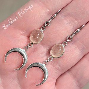 Rose Quartz & Sterling Silver Crescent Moon Earrings
