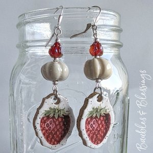 Strawberry Earrings with Ceramic Beads & Lampwork Flowers