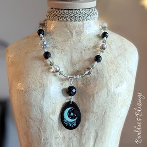 Acrylic Crescent Moon Necklace with Czech Glass & Onyx