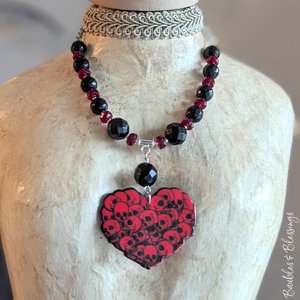 Red Skull Heart Necklace with Czech Glass & Onyx