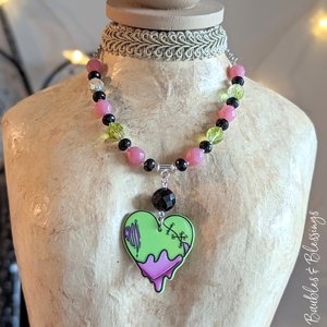 Acrylic Zombie Heart Necklace with Czech Glass & Onyx