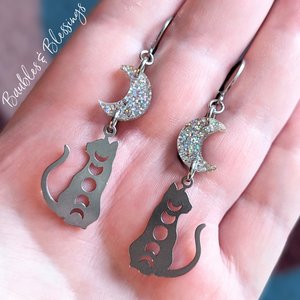 Lunar Kitty Earrings with Glittery Crescent Moons