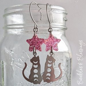 Lunar Kitty Earrings with Glittery Pink Stars