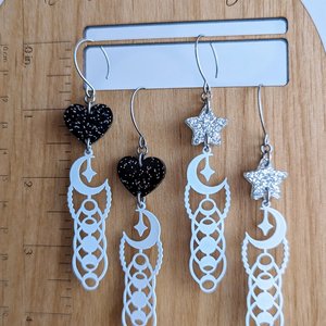 Moon Phase Earrings with Glittery Black Hearts
