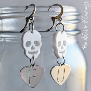 Snarky Hearts: Purple Glitter "F U" Earrings