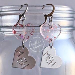 Snarky Hearts: Pink Glitter "MEH" Earrings