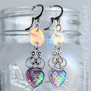 Mermaid Scale Heart Earrings with Iridescent Acrylic