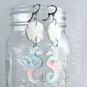 Acrylic Seahorse Earrings with Czech Glass Sand Dollars