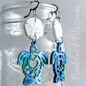 Acrylic Turtle Earrings with Czech Glass Sand Dollars