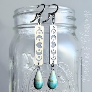 Heart Moon Phase Earrings with Ceramic Teardrops 