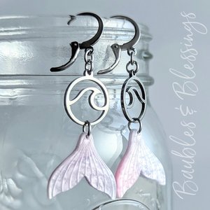 Glittery Mermaid Tail Earrings with Wave Charm