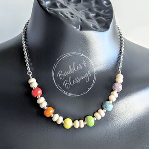 Earthy Rainbow Necklace with Handmade Beads (MTO)
