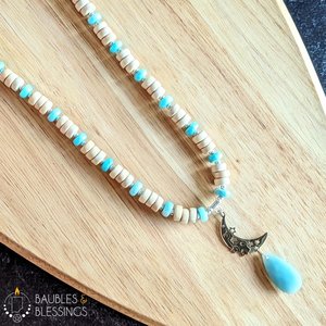 Amazonite & Wood Crescent Moon Necklace