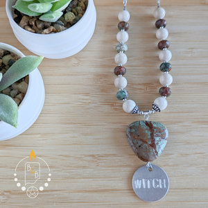 Hand-Stamped WITCH Necklace with Green Opal & Riverstone 
