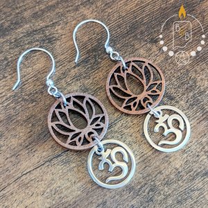 Wooden Lotus & Stainless Steel Om Earrings