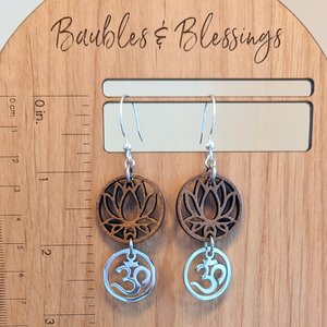 Wooden Lotus & Stainless Steel Om Earrings