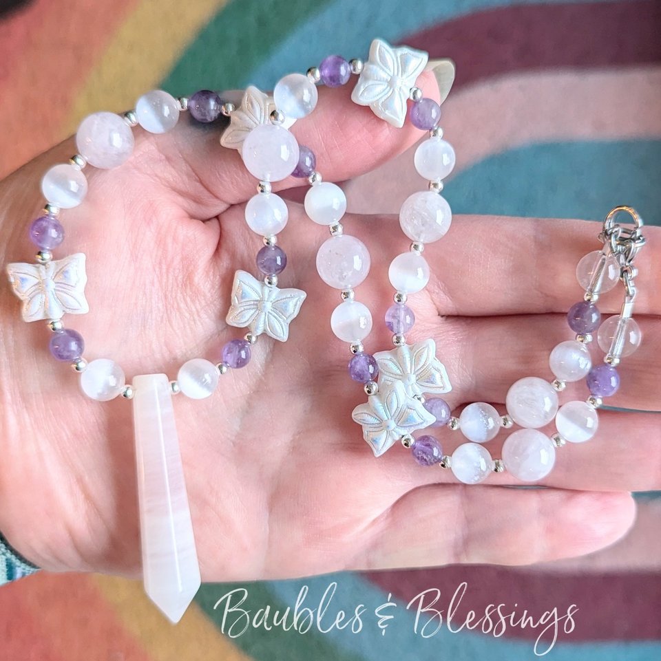 Selenite & Amethyst Point Necklace with Czech Butterflies
