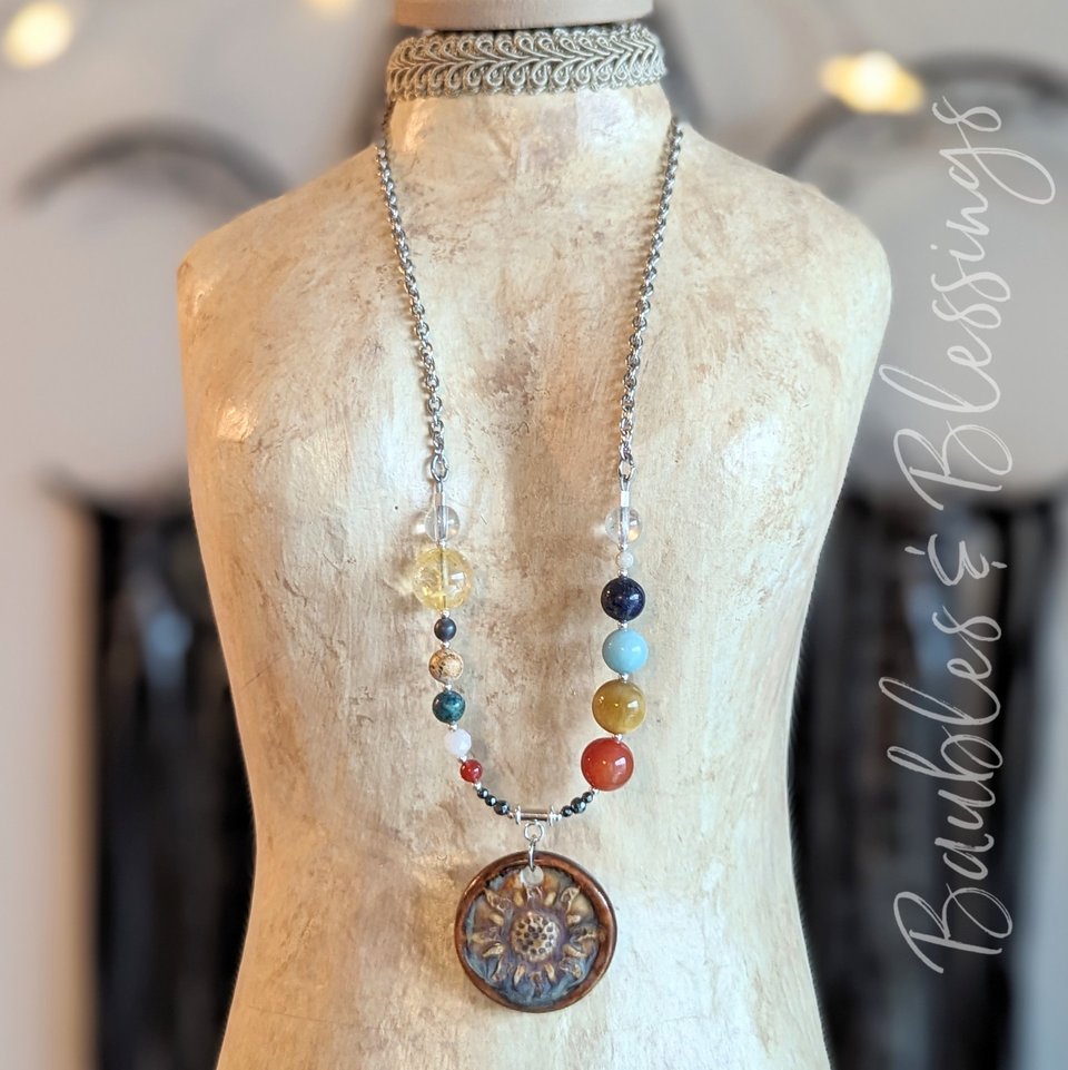 Solar System Necklace with Ceramic Sun Pendant 