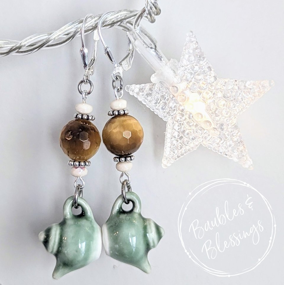 Green Teapot Earrings with Golden Tiger's Eye (MTO)