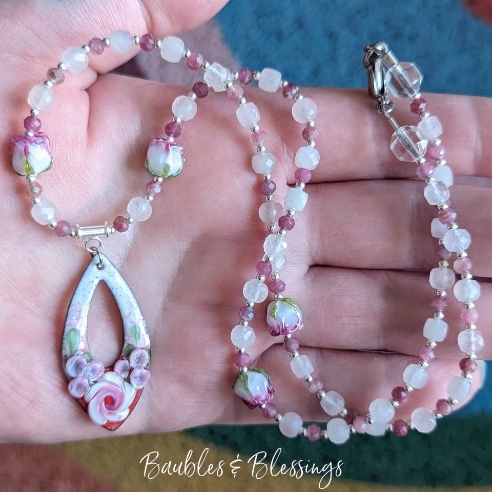 Springy Floral Necklace with Pink Tourmaline & Rose Quartz
