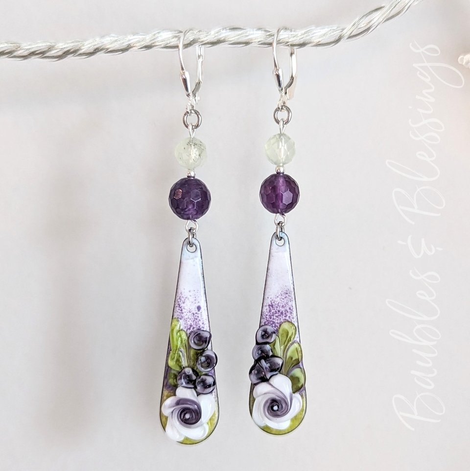 Purple Floral Earrings with Lampwork Charms