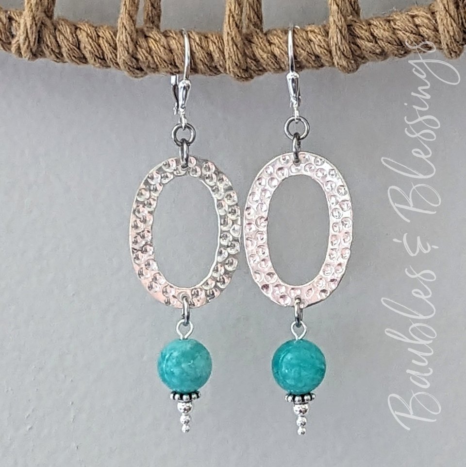 Hammered Oval Earrings with Amazonite & Sterling Silver