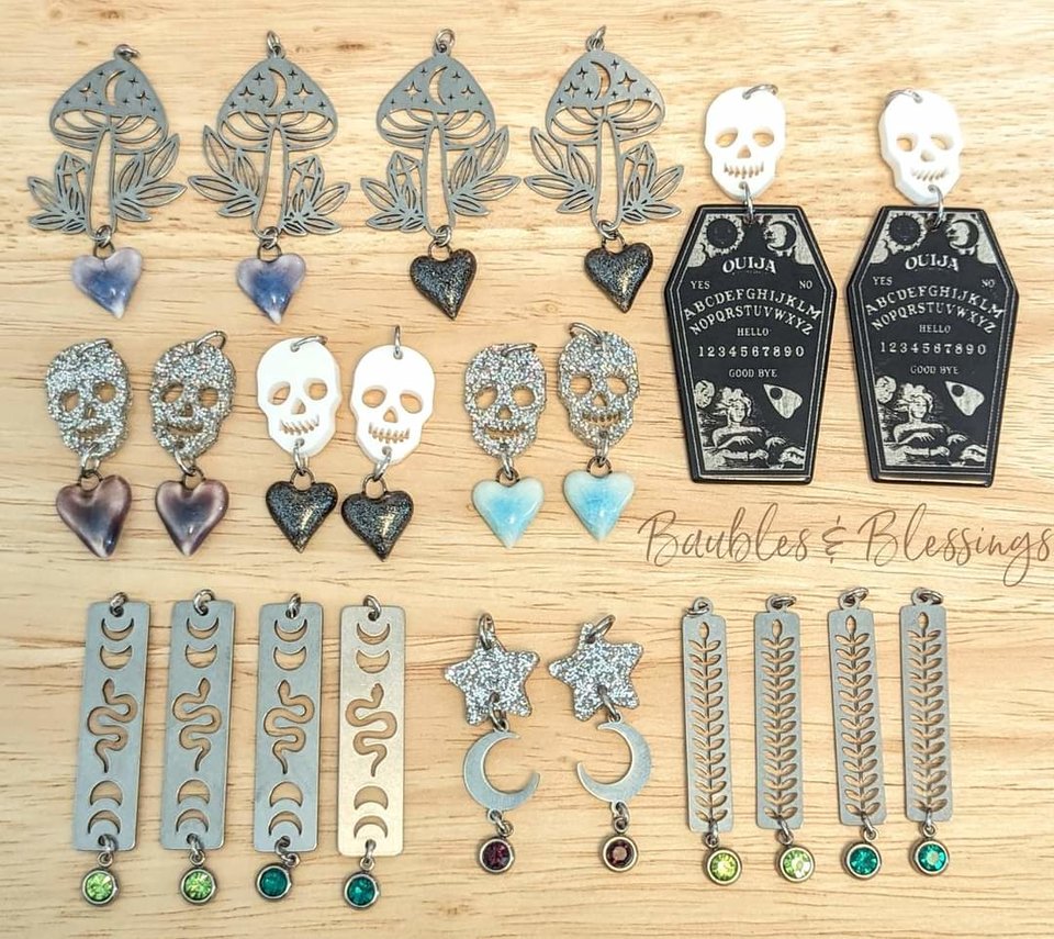 Coffin-shaped Ouija Board Earrings with Acrylic Skulls