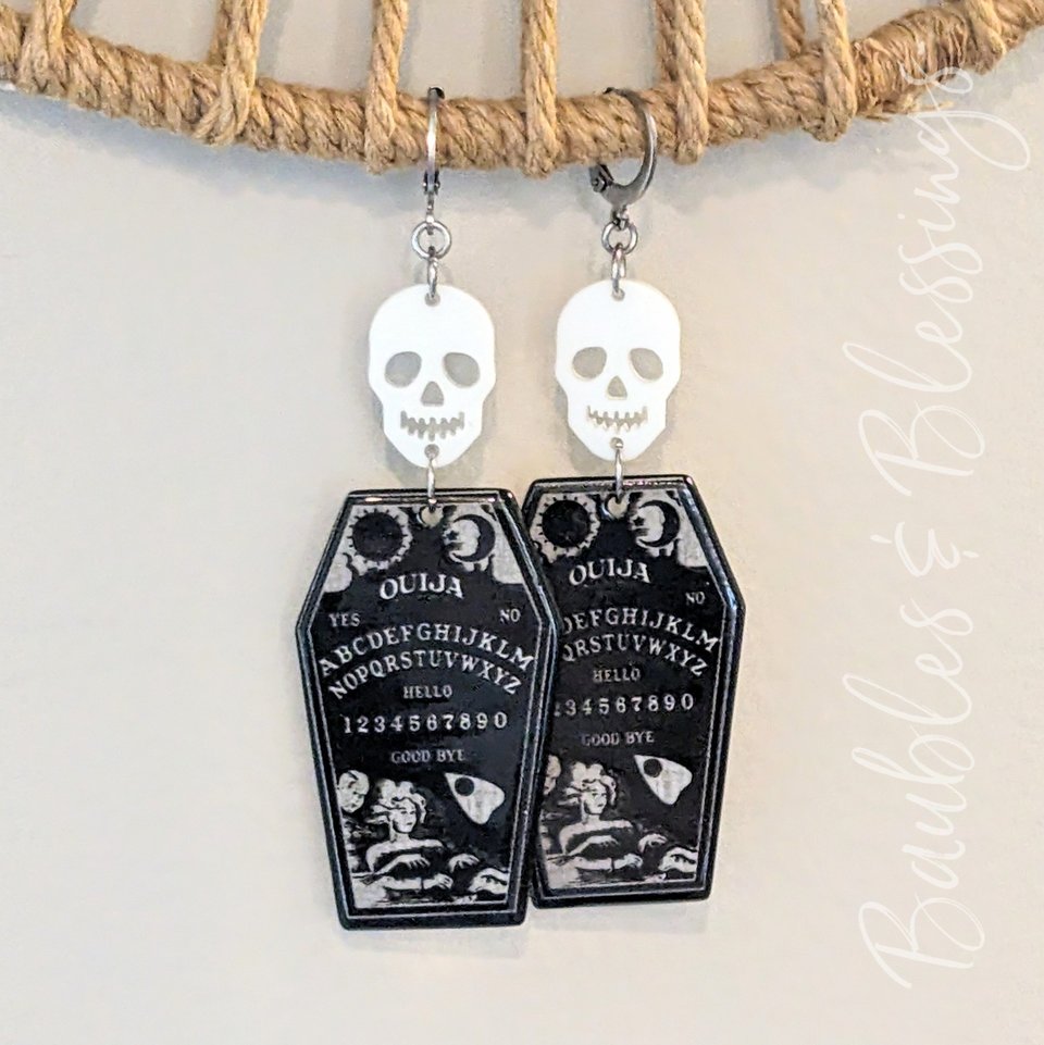 Coffin-shaped Ouija Board Earrings with Acrylic Skulls