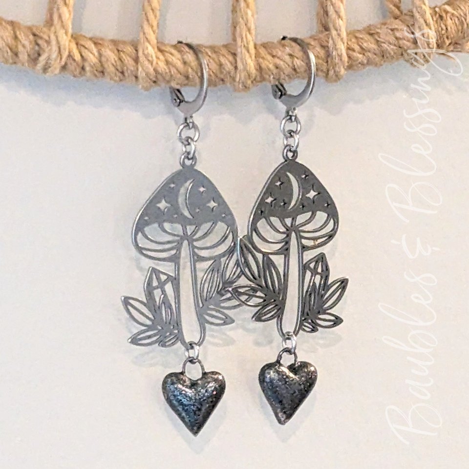 Witchy Mushroom Earrings with Sparkly Ceramic Hearts