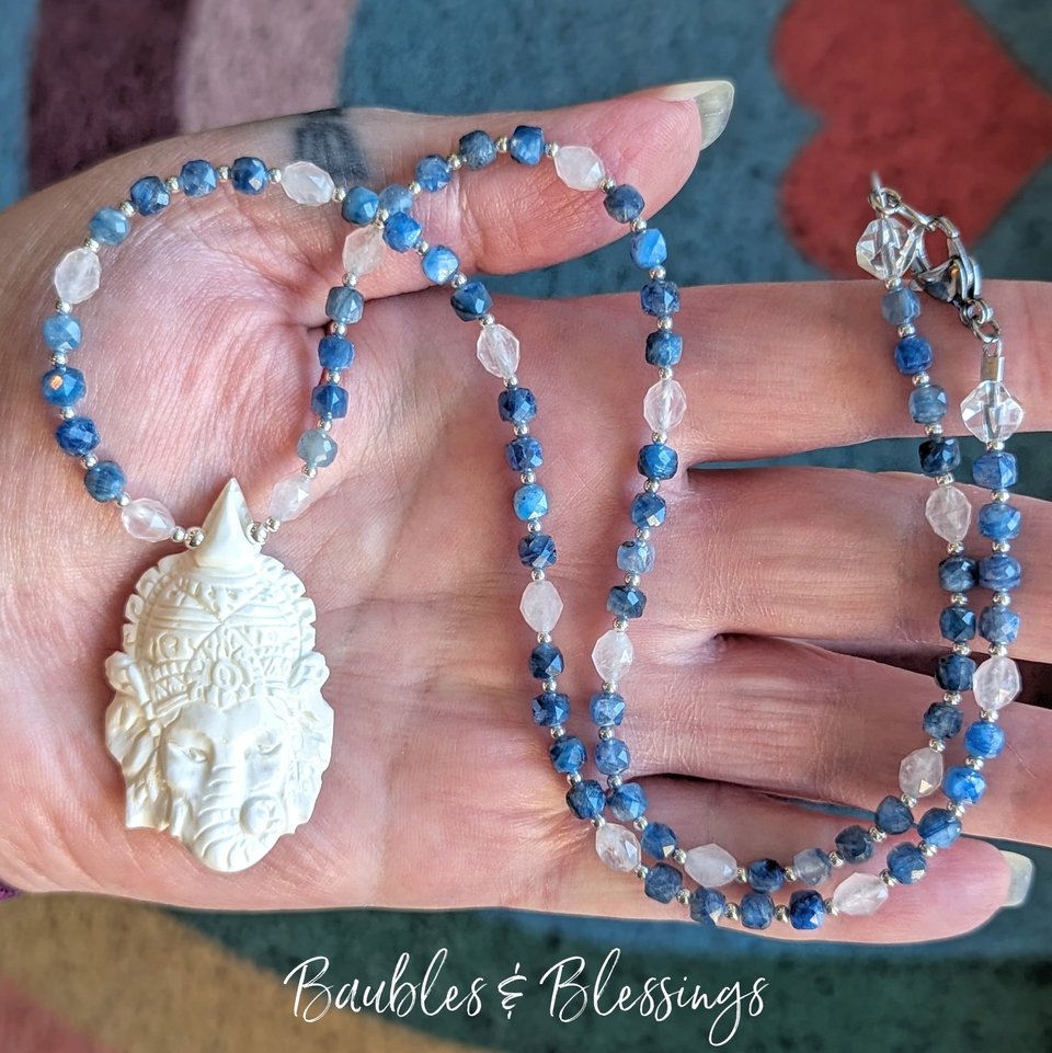 Ganesha Necklace with Bone, Kyanite & Rose Quartz