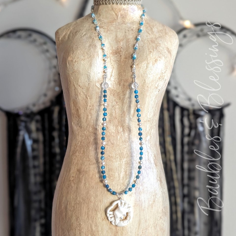 Crab Necklace with Bone, Apatite & Freshwater Pearls