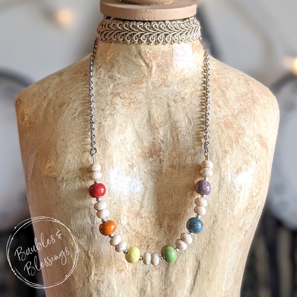 Earthy Rainbow Necklace with Handmade Beads (MTO)