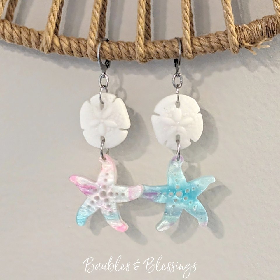 Acrylic Starfish Earrings with Czech Glass Sand Dollars