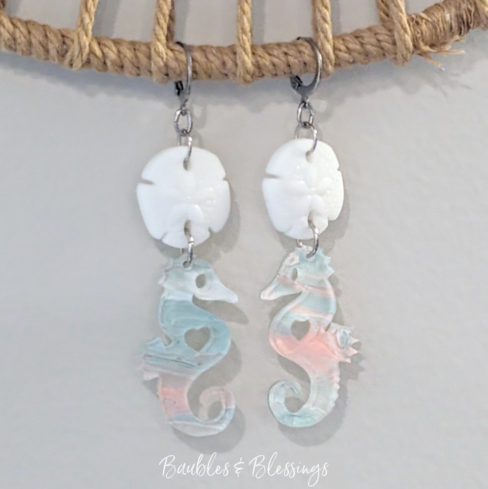 Acrylic Seahorse Earrings with Czech Glass Sand Dollars